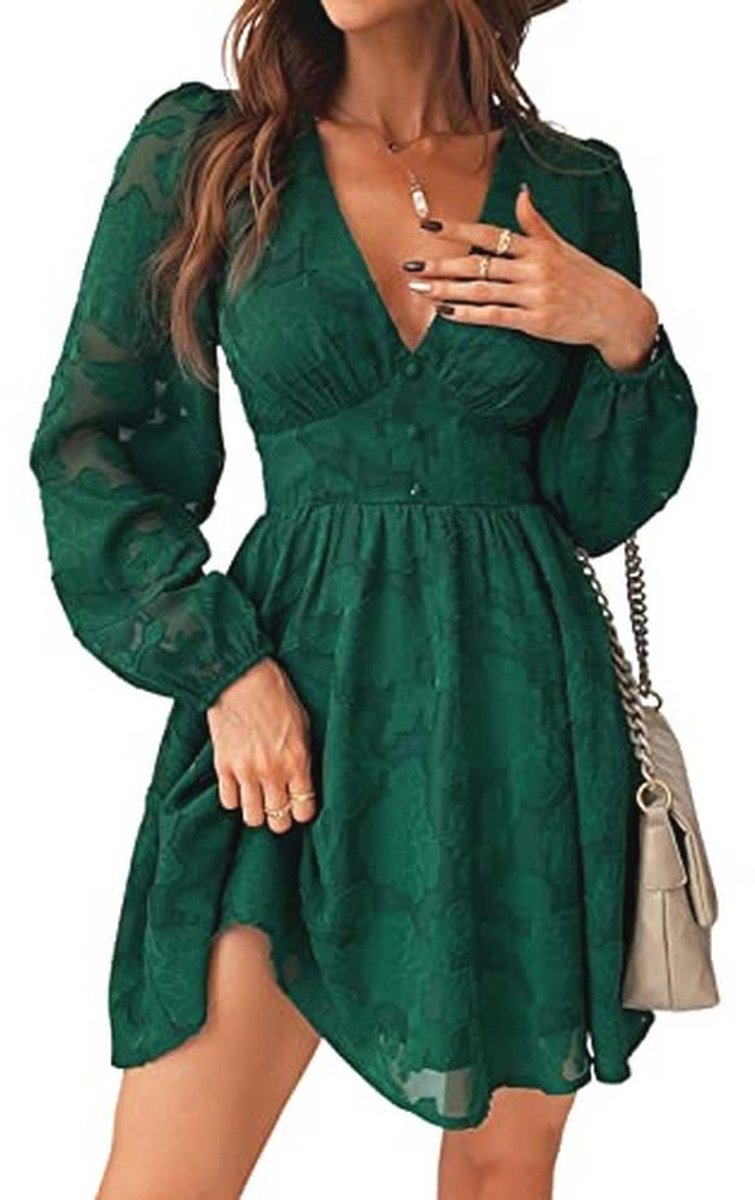Dames Lange Mouw Bloemen Kant Mini Jurk A-Lijn Feestjurk Bodycon