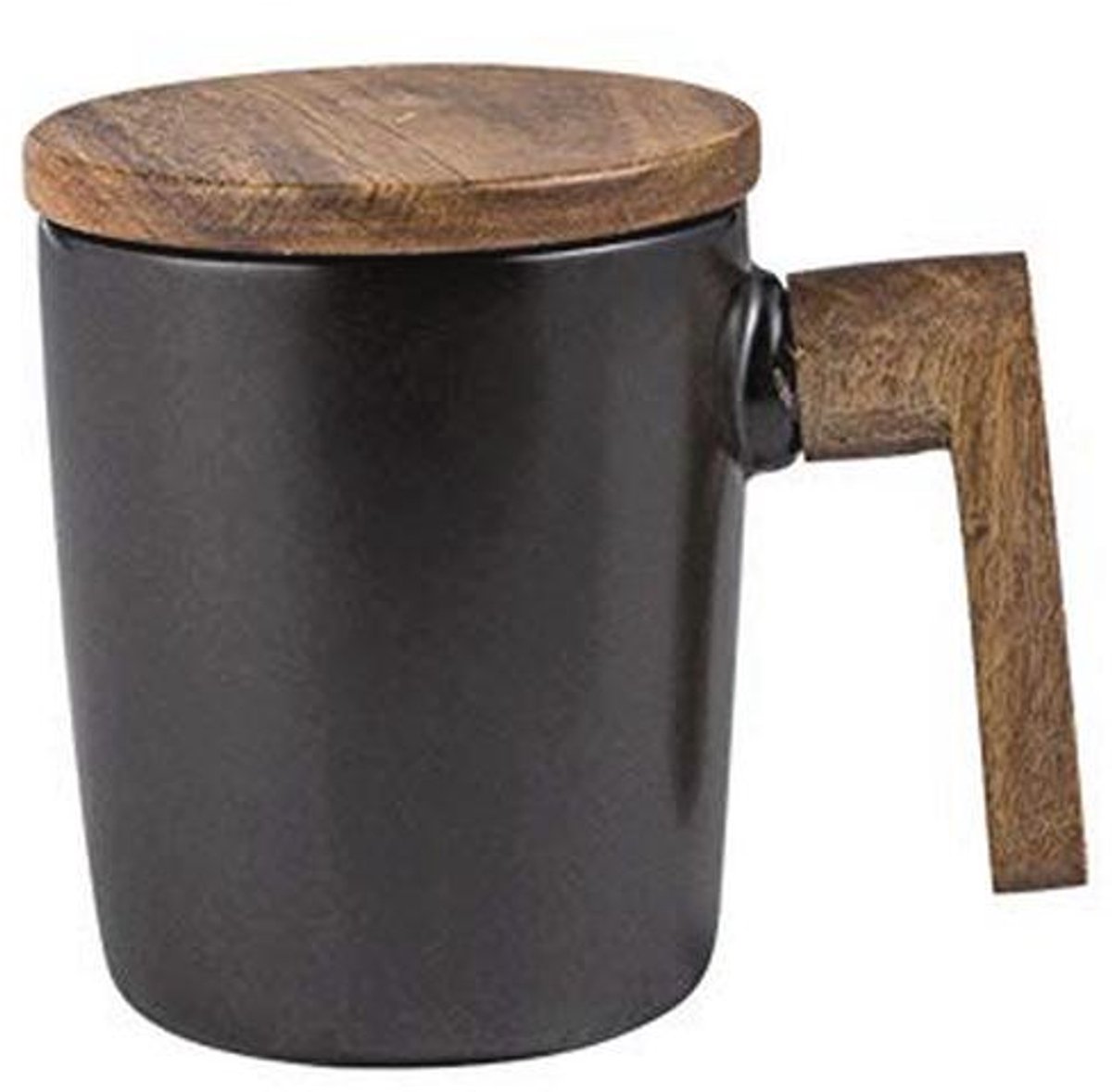 Keramische Mok met Houten Deksel en Handvat - 350ml - Eenvoudige Porseleinen Koffiemok