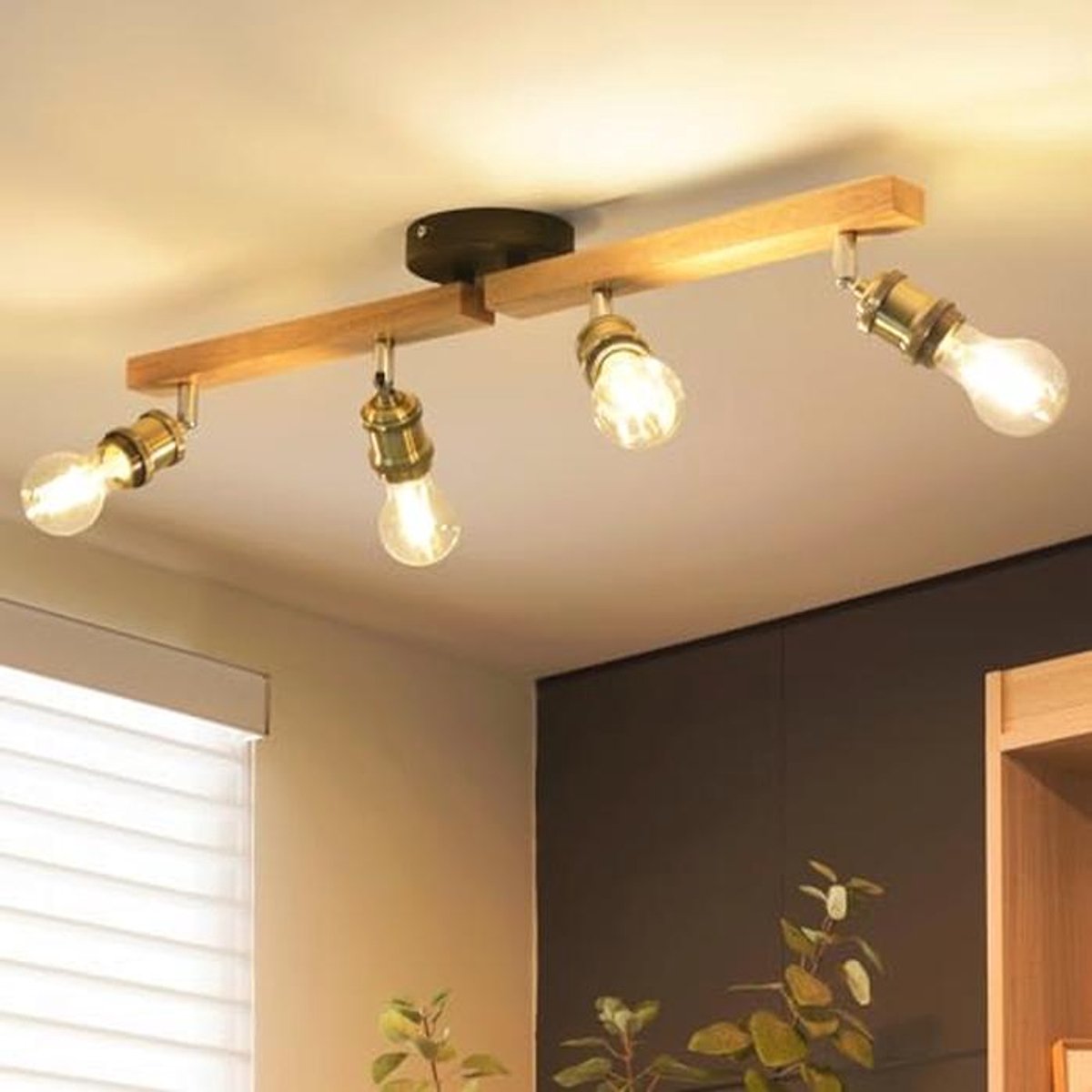 Draaibare Plafondlamp met 4 Spots - Vintage E27 Houten Plafondverlichting
