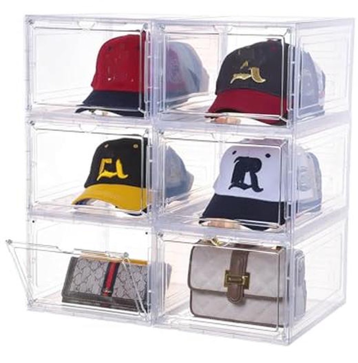 Transparante Hoedorganizer Set van 6 - Stapelbare Hoedenhouder met Magnetische Deur