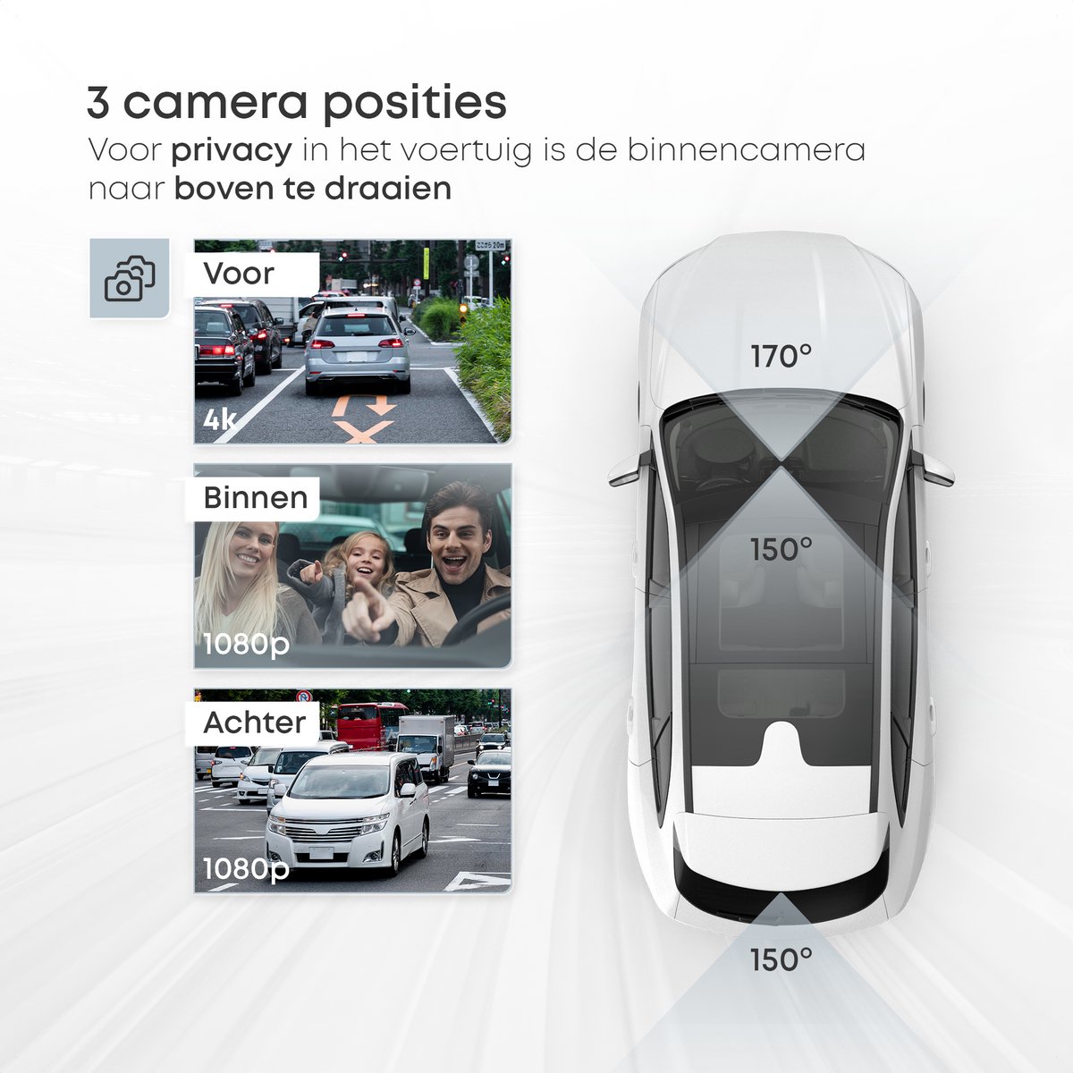 Norva - Dashcam voor Auto 3 in 1 - 4K Ultra HD - Voor en achter + binnen camera - Wifi & GPS - Nachtzicht - Besturing via app - 170 graden kijkhoek - G-sensor - loop recording - Incl. 64GB SD-kaart – foto 3