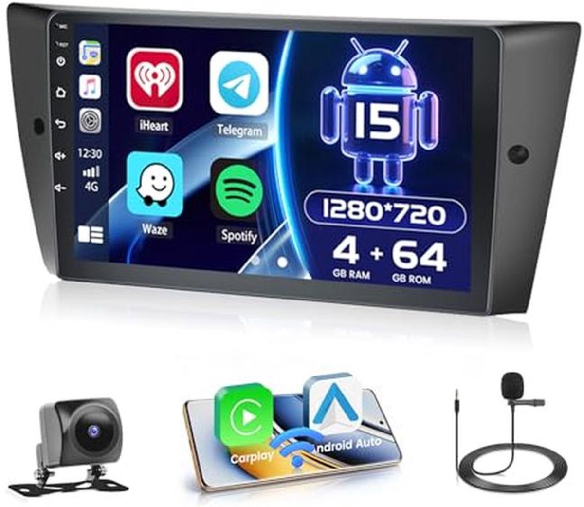 Android 13 Autoradio met Draadloze CarPlay en Android Auto voor BMW 3 E90 E91 E92 E93 - 9" Scherm, Bluetooth, Navi, GPS, WiFi
