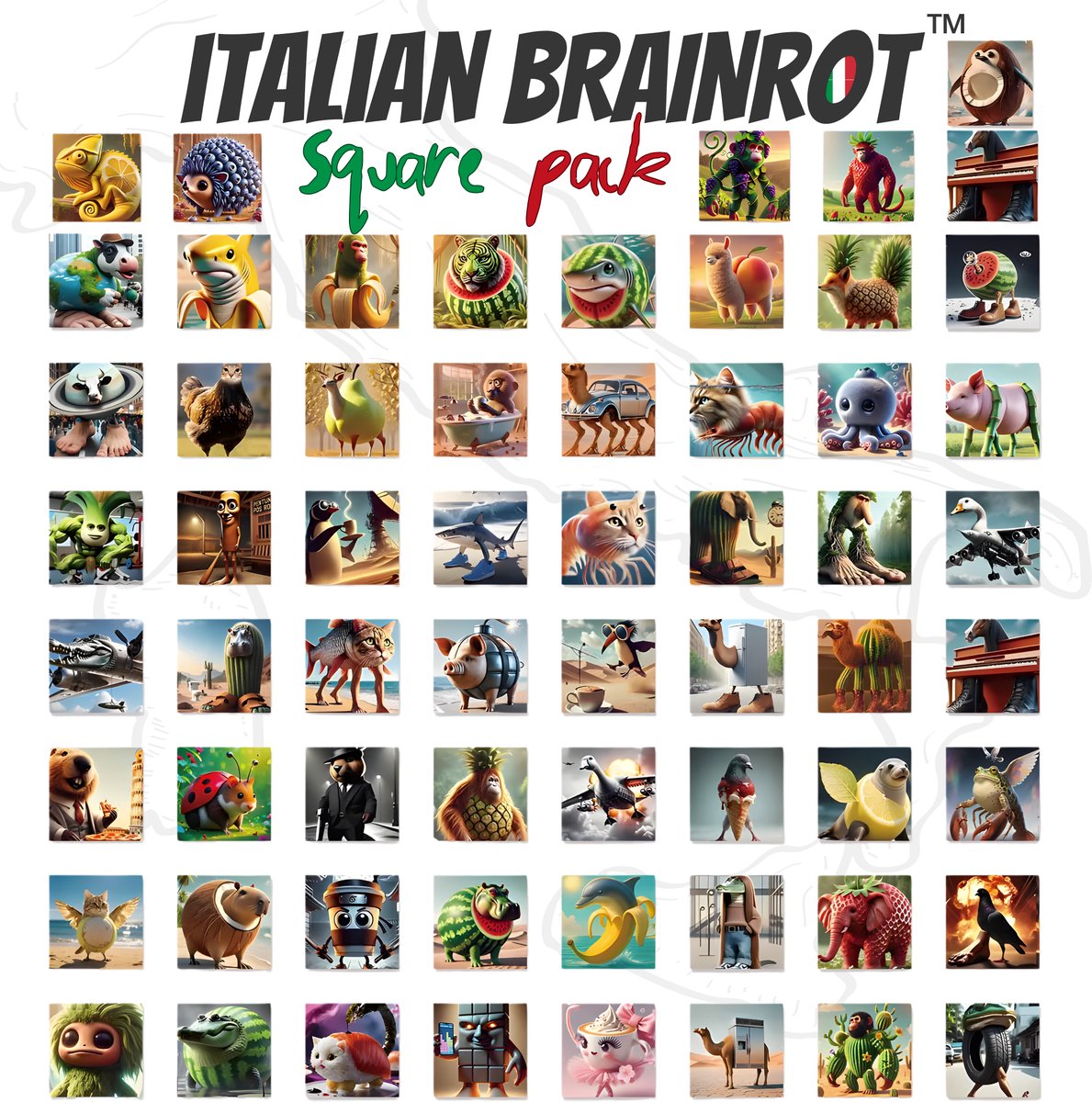 Italian Brainrot™ Stickers Square Pack - 62 Stuks - Meme Stickers - Brainrot Laptop Stickers - Tung Tung Tung Sahur - Tralalero Tralala - Stickers Kinderen - Stickers Volwassenen