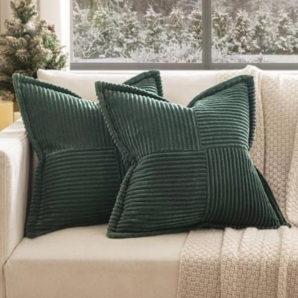 Donkergroene Corduroy Kussenslopen Set van 2 – Decoratieve Kussens voor Woonkamer en Slaap