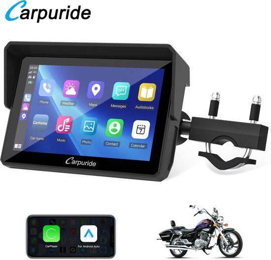 Carpuride W502 motorfiets GPS CarPlay-scherm, 5 inch HD waterdicht touchscreen, draadloze CarPlay en Android Auto, dubbele Bluetooth, spraakbesturing, navigatie