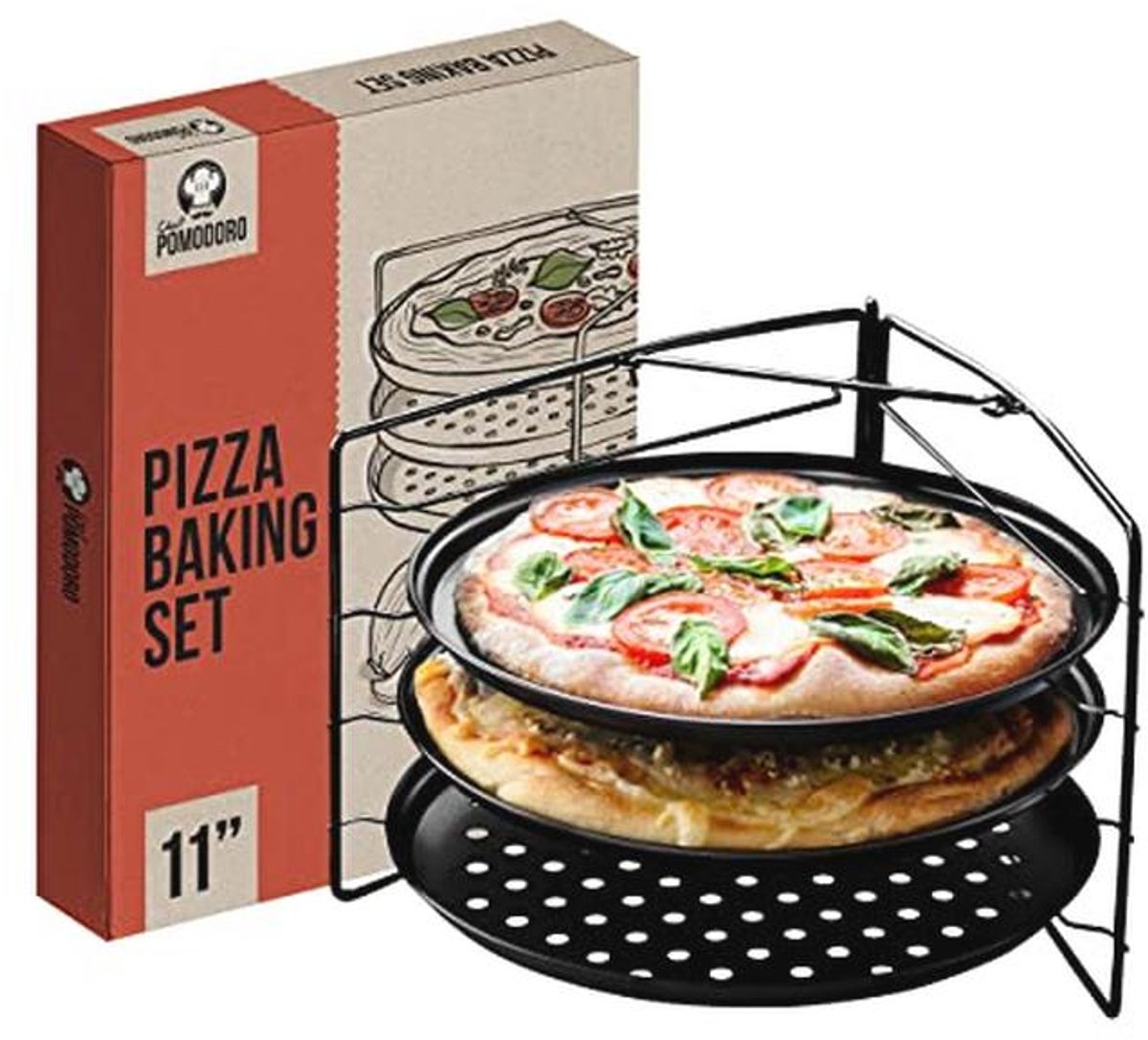 Pizzabakset met 3 Pizzapan met Gaten en Pizzarek voor Oven en Grill – 28 cm