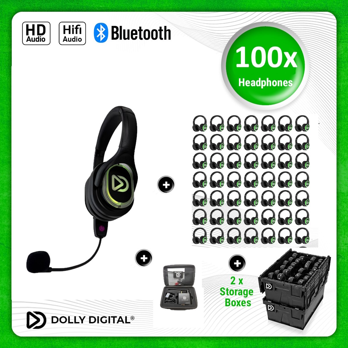 Dolly Digital® RD-Pro 100 Draadloze Koptelefoons voor groepen + Headmounted Microfoon – 100 HiFi Koptelefoons + Microfoon + Bluetooth + HiFi