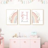 3 Posters voor Kinderkamer, Gepersonaliseerde Muurdecoratie met Naam, 30 x 40 cm, Wandafbeeldingen voor Meisjes, Boho Roze Bloemen en Regenboog