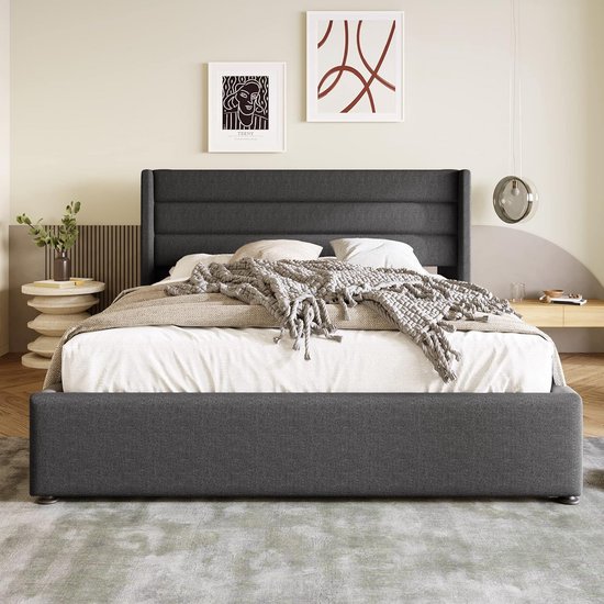KeepGoon Gestoffeerd bed, 160 x 200, tweepersoonsbed met hydraulische hendel, opbergbed met bedlade en lattenbodem, boxspring, klinknagels, zonder matras, fluweel (grijs
