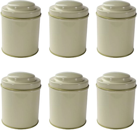Set van zes crème kleurige theeblikjes van 125g met gouden randen en deksels.