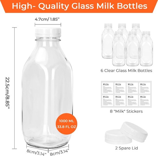 DHSBTLS Melkflessen van glas met deksel, herbruikbaar, voor het bewaren van verse melk, luchtdicht, robuust, transparant, sap, honing
