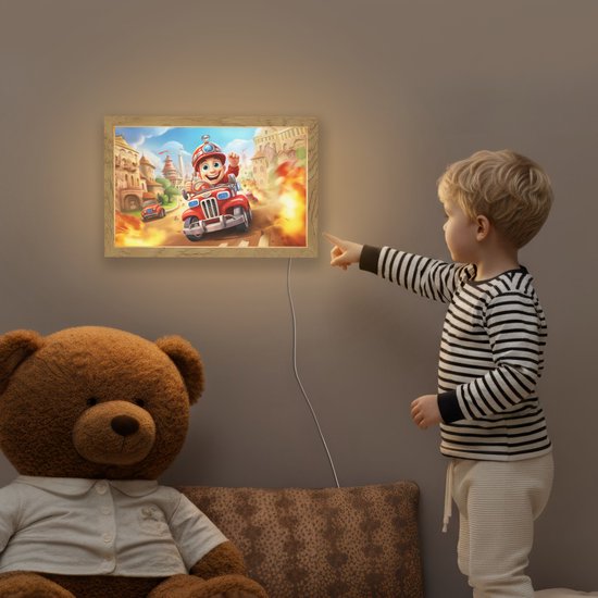 Nachtlampje 30x20 cm - Kinder lamp - Brandweer - Jongens - Kinderen - Auto - Tafellamp kinderkamer - Slaapkamer lamp - Bedlamp kinderen - Kinderlampje stopcontact - Wandlamp babykamer - Nachtlampjes van Merkloos — afbeelding 5