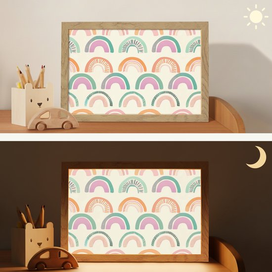 Nachtlampje 30x20 cm - Kinder lamp - Regenboog - Pastel - Patroon - Tafellamp kinderkamer - Slaapkamer lamp - Bedlamp kinderen - Kinderlampje stopcontact - Wandlamp babykamer - Nachtlampjes van Merkloos — afbeelding 4