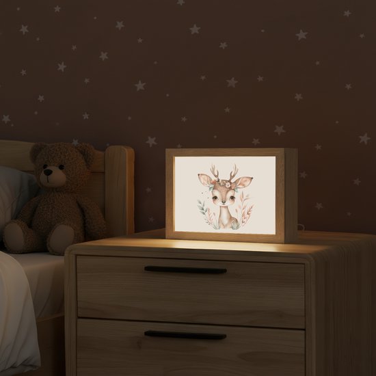 Nachtlampje 20x15 cm - Kinder lamp - Hert - Bohemian - Bloemen - Bosdieren - Tafellamp kinderkamer - Slaapkamer lamp - Bedlamp kinderen - Kinderlampje stopcontact - Wandlamp babykamer - Nachtlampjes van Merkloos — afbeelding 2