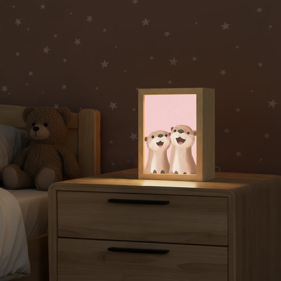 Nachtlampje 15x20 cm - Kinder lamp - Otters - Glimlach - Bruin - Tafellamp kinderkamer - Slaapkamer lamp - Bedlamp kinderen - Kinderlampje stopcontact - Wandlamp babykamer - Nachtlampjes van Merkloos — afbeelding 2