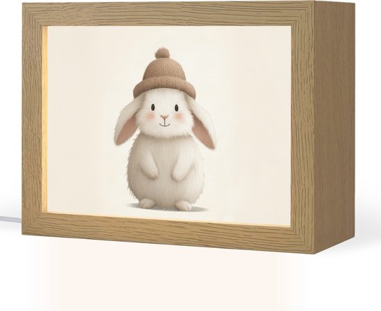 Nachtlampje 20x15 cm - Kinder lampje - Konijn - Muts - Oren - Beige - Tafellamp kinderkamer - Slaapkamer lamp - Bedlamp kinderen - Kinderlampje stopcontact - Wandlamp babykamer - Nachtlampjes