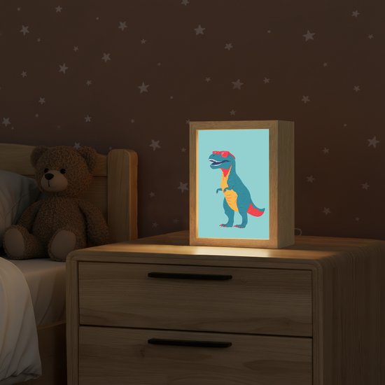 Nachtlampje 15x20 cm - Kinder lampje - Dinosaurus - Blauw - Zonnebril - Tafellamp kinderkamer - Slaapkamer lamp - Bedlamp kinderen - Kinderlampje stopcontact - Wandlamp babykamer - Nachtlampjes van OnlyWow — afbeelding 2