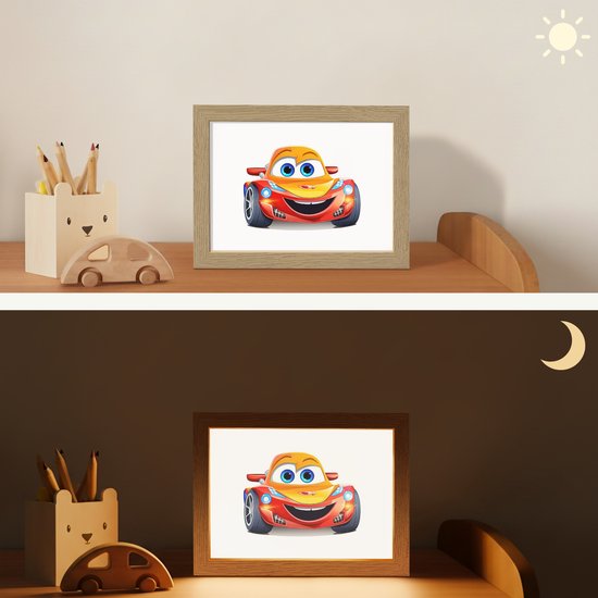 Nachtlampje 20x15 cm - Kinder lamp - Raceauto - Oranje - Jongens - Kinderen - Auto - Tafellamp kinderkamer - Slaapkamer lamp - Bedlamp kinderen - Kinderlampje stopcontact - Wandlamp babykamer - Nachtlampjes van Merkloos — afbeelding 4