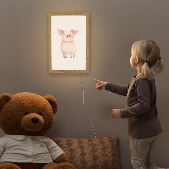 Nachtlampje 20x30 cm - Kinder lampje - Varken - Roze - Dier - Pastel kleuren - Tafellamp kinderkamer - Slaapkamer lamp - Bedlamp kinderen - Kinderlampje stopcontact - Wandlamp babykamer - Nachtlampjes van OnlyWow — afbeelding 5