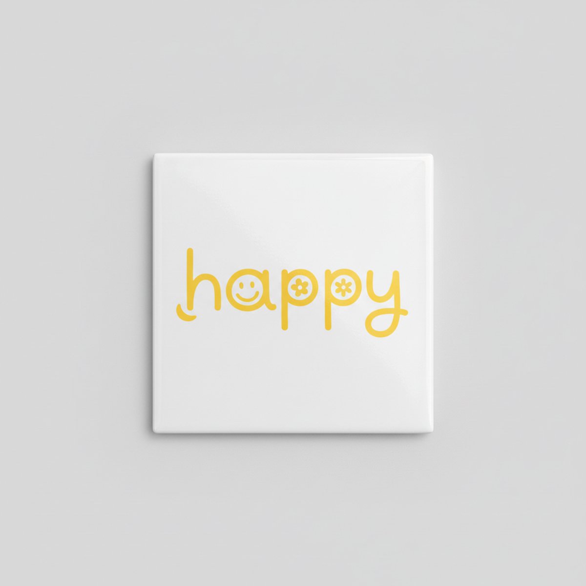 Schattige 15×15 cm Keramische Tegel – “Happy” Gele Smiley & Bloemenletters Positieve Vibes