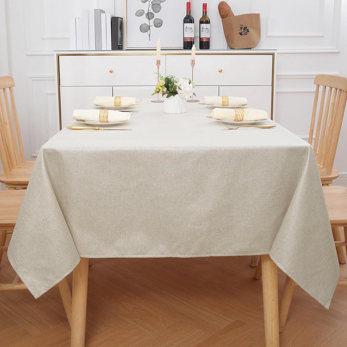 Ronde tafelkleed met linnenlook waterafstotend en vlekbescherming 140x200 cm beige