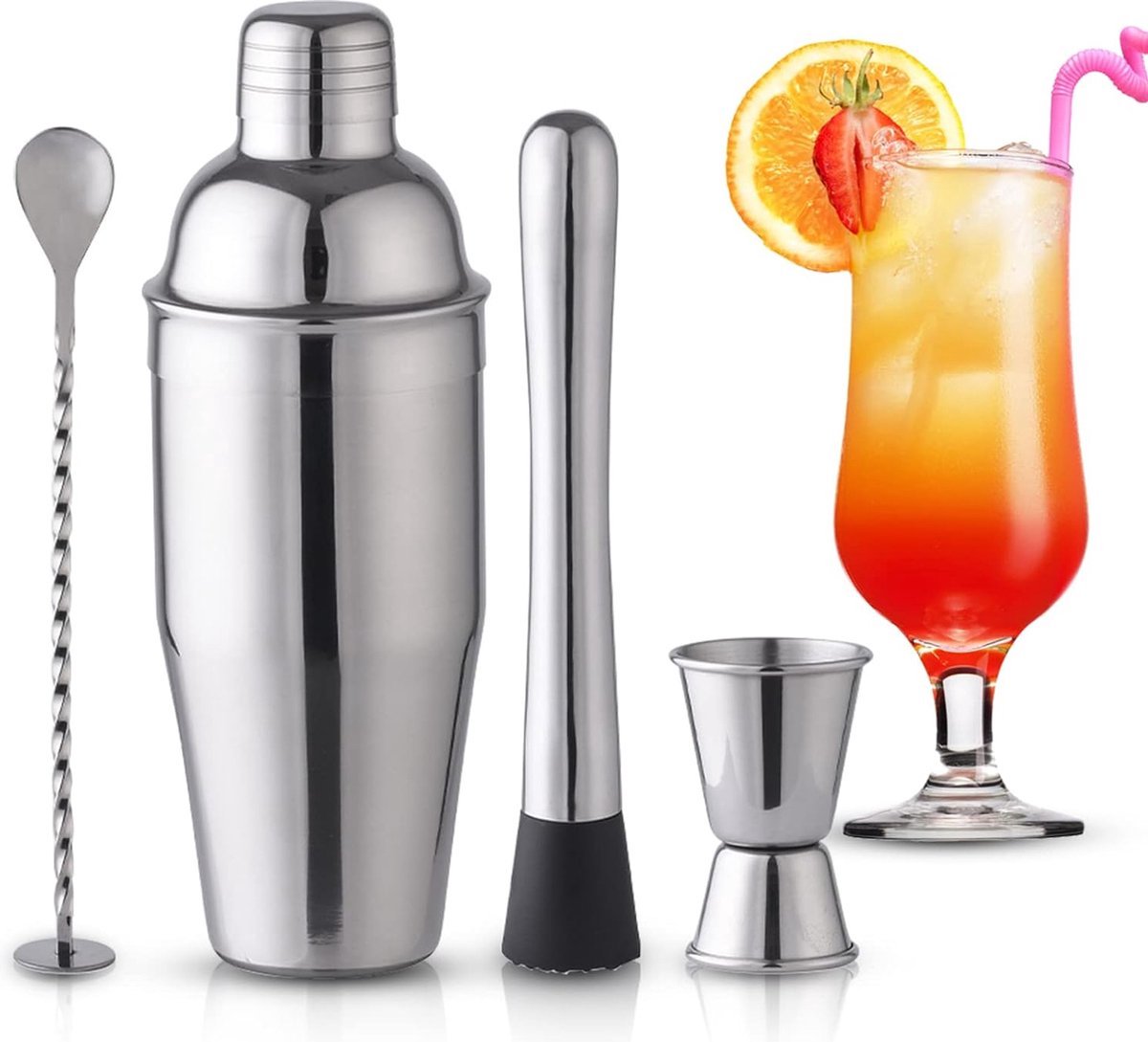 Stunq® Roestvrijstalen cocktailshaker met baraccessoires, 750 ml, cocktailmixerset voor thuis, bar, met shaker, maatbeker, lepel, stamper