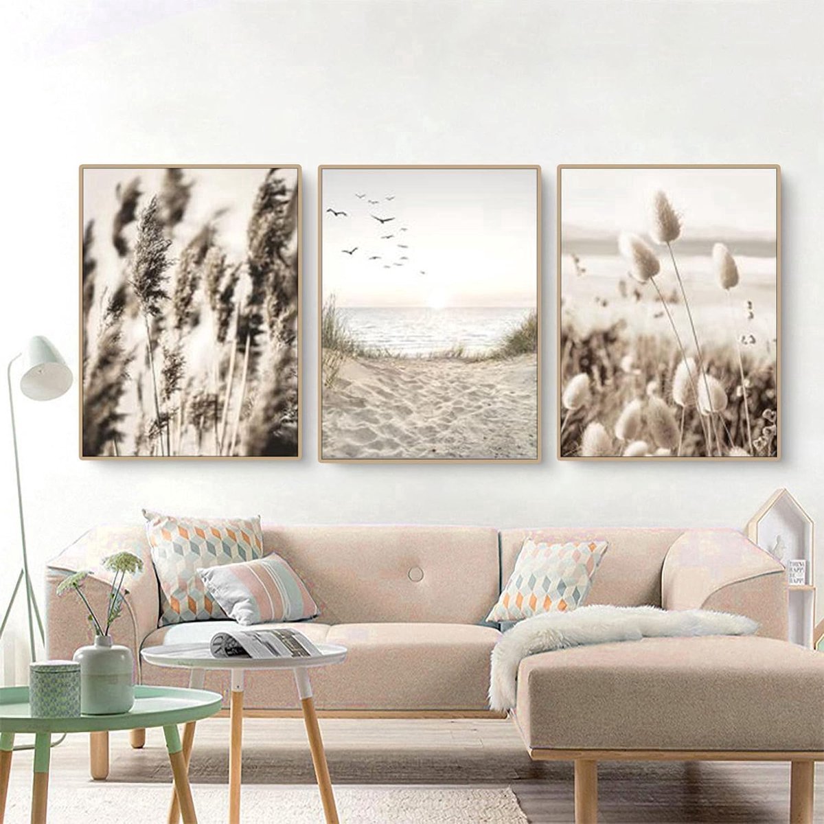 Stunq® Set van 3 posterwandafbeeldingen, Boho Beige natuurlijke pampasgrasafbeeldingen, moderne afbeeldingen, decoratieve wanddecoratie, vintage afbeeldingen decoratie voor woonkamer, slaapkamer, zonder frame,