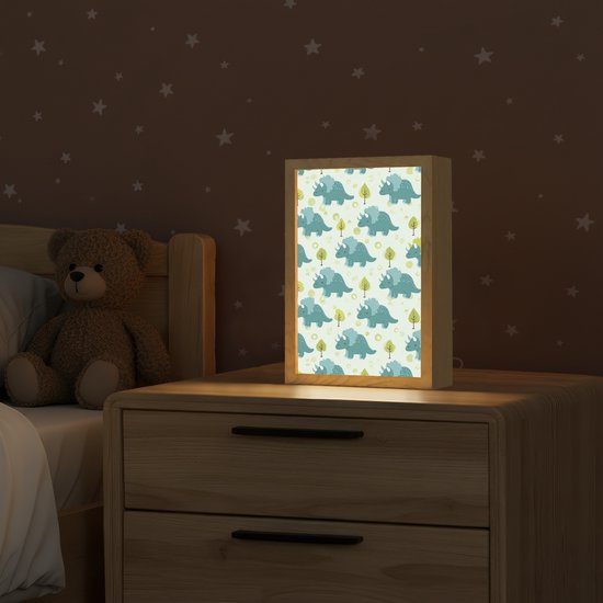 Nachtlampje 20x30 cm - Kinder lamp - Triceratop - Blauw - Stippen - Boompjes - Tafellamp kinderkamer - Slaapkamer lamp - Bedlamp kinderen - Kinderlampje stopcontact - Wandlamp babykamer - Nachtlampjes van Hitsujiko — afbeelding 2