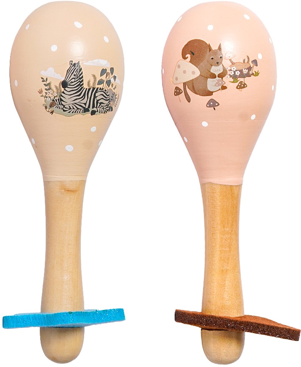 Speelgoedtopdeals - Houten Maracas Eekhoorn en Zebra - set van 2 - Instrument - Muziek Speelgoed