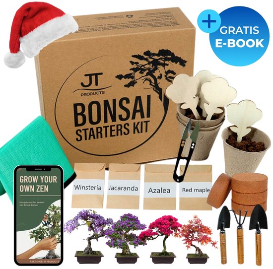 JT Products Bonsai Starters Kit – Met Uitgebreide E-Book – 4 Soorten Zaden – Bonsai Schaar – Bonsai Gereedschap – Bonsai Zaden – Bonsai Kit – Bonsai Boompje - Kweekset Cadeau - Bonsai Verzorgingsset - Kerst Cadeau - Kerstkado