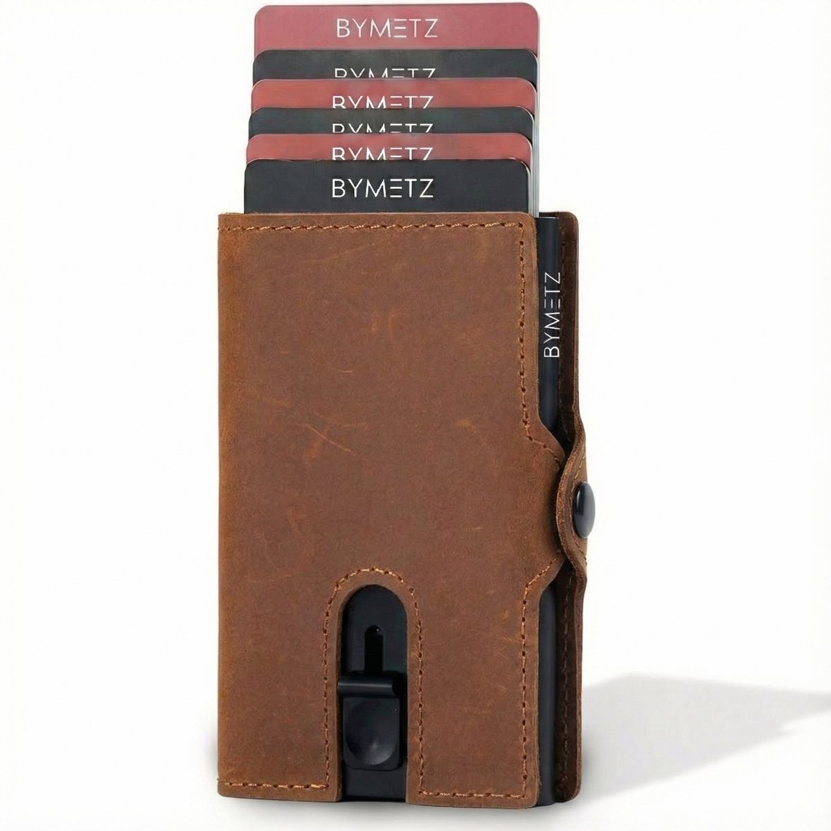 ByMetz® RFID Anti-Skim Pasjeshouder – Premium Hunter Leer – 7 Pasjes + Muntvak & Briefgeld – Light Brown
