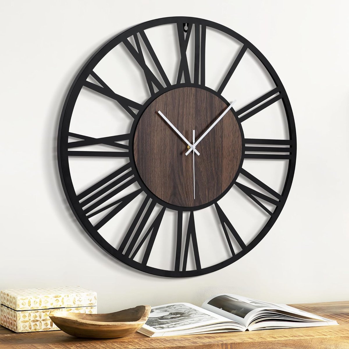 51CM Grote wandklokken op batterijen Zwart, Stille Houten Metalen Wandklok voor Woonkamerdecoratie, Moderne Keukendecoratieve Wandklok