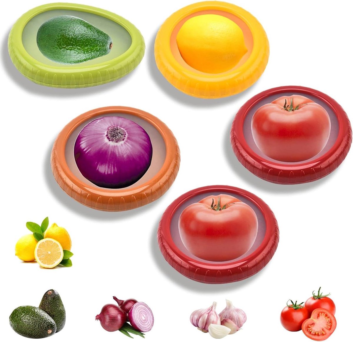 Herbruikbare fruitcontainers - Bewaren voor koelkast keuken - Fruitdozen set - Avocado, ui, citroen, tomaat - 5 stuks.