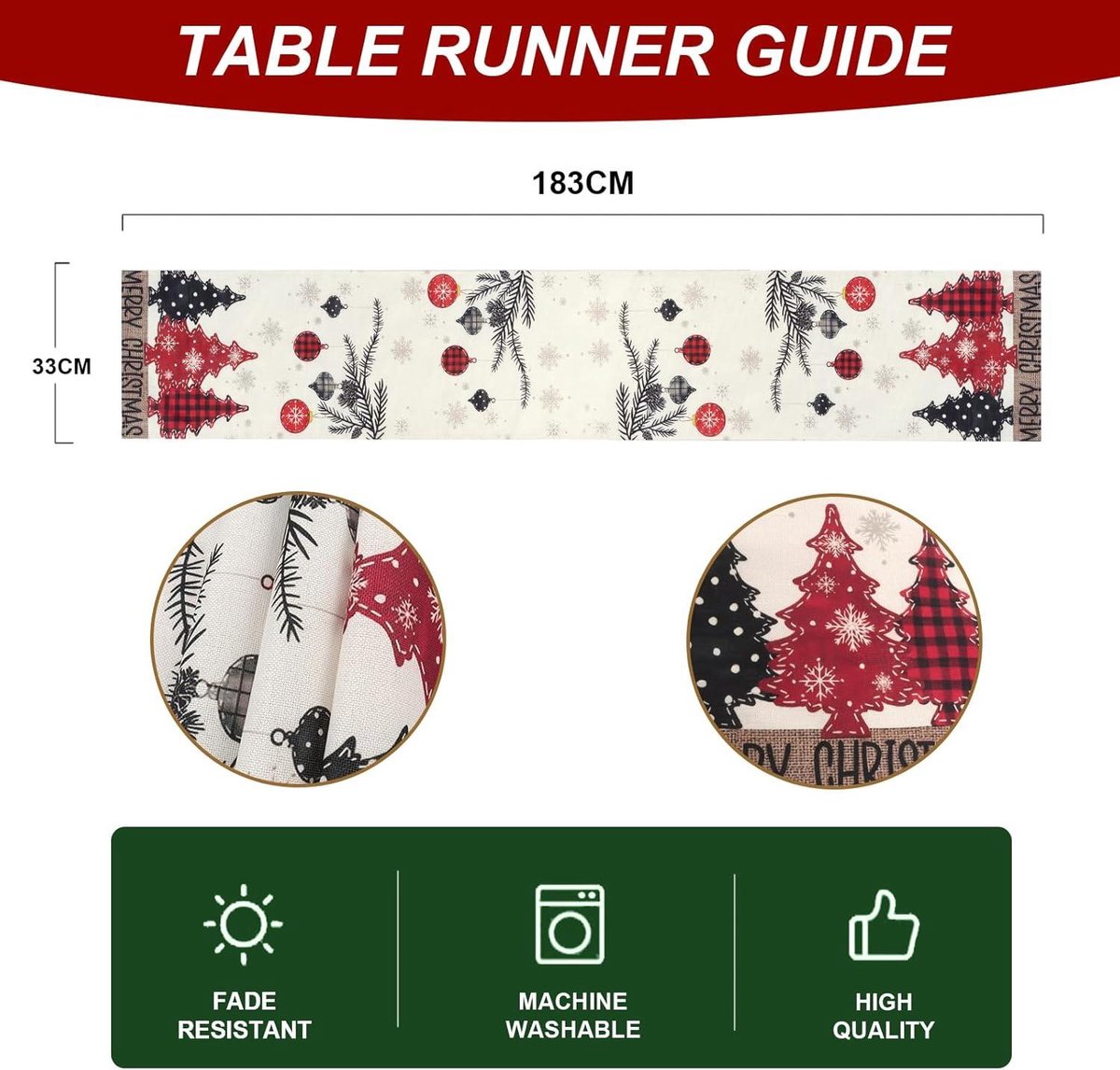 Cosensi - Kerst Tafelloper, Xmas Seizoensgebonden Tafellopers, Winter Vakantie Eettafel Runner voor Home Party Diner Decor, 33 x 183 CM - Kerstbomen