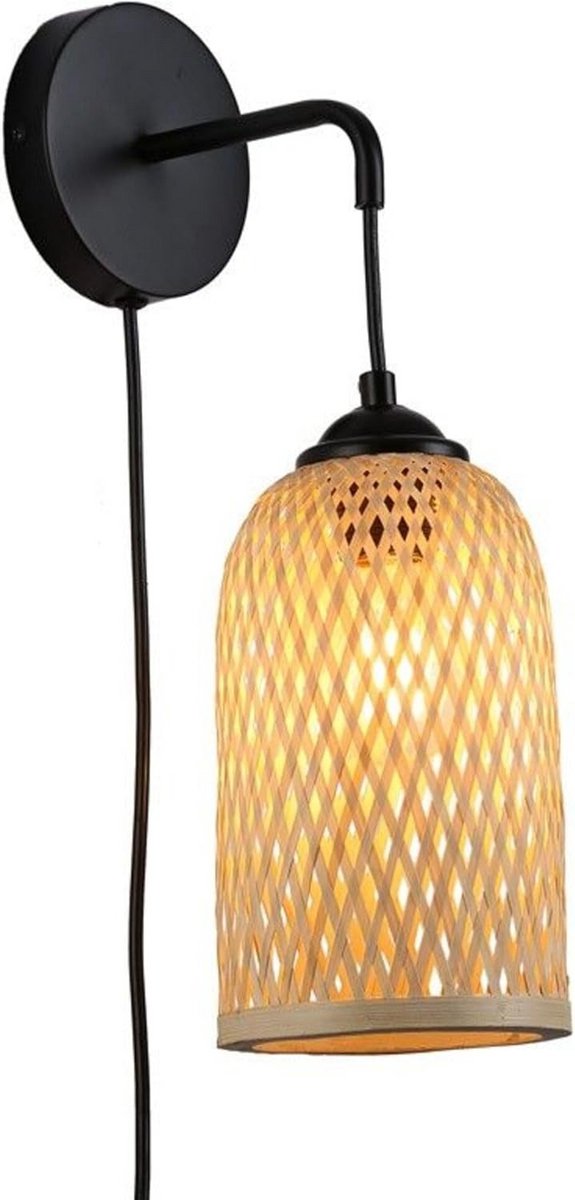 Wandlamp Bamboe Rotan Cilindervormig met Snoerschakelaar - E27 - Sfeerverlichting Woonkamer en Slaapkamer