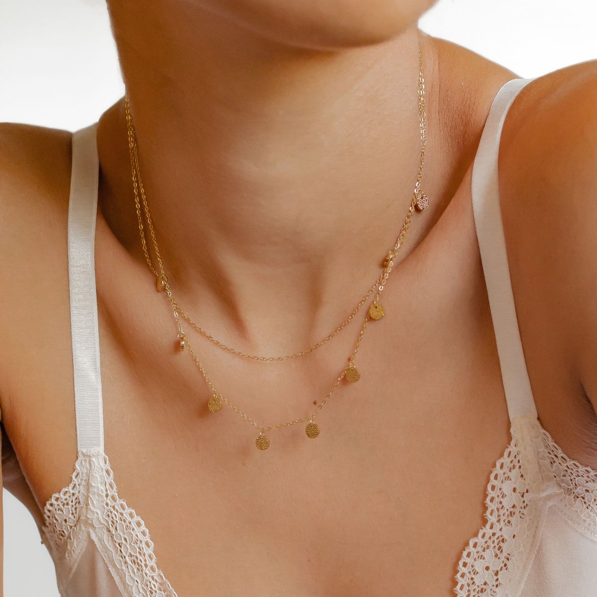 Hey Happiness Mini Cirkel – Layer Ketting Dames Roestvrij Staal 18K Verguld – 41-46,5 cm Verstelbaar – Met Cirkel Hangers – Goud