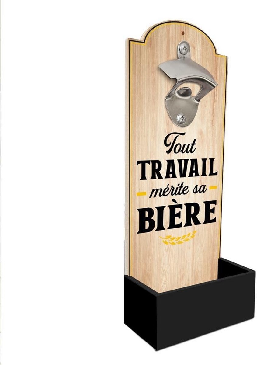 Houten Bierflesopener voor aan de Muur met Opvangkoker