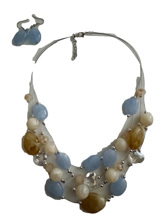 Petra's Sieradenwereld - Mooie beige/blauw/topaas handgemaakte laagjesketting met bijpassende oorbellen (1071)