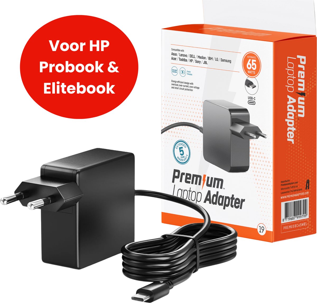 65W USB-C Laptop oplader voor HP ProBook en EliteBook – Alle modellen vanaf 2017 – Kabel + Adapter
