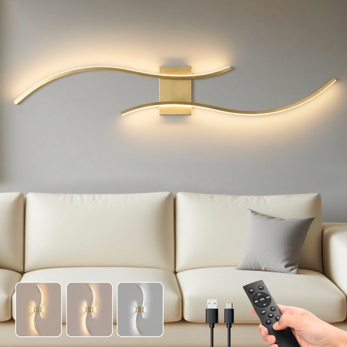MUPOO Oplaadbare Wandlamp Binnen 100cm Goud – Luxe Draadloze & Dimbare LED Wandlamp – 3000