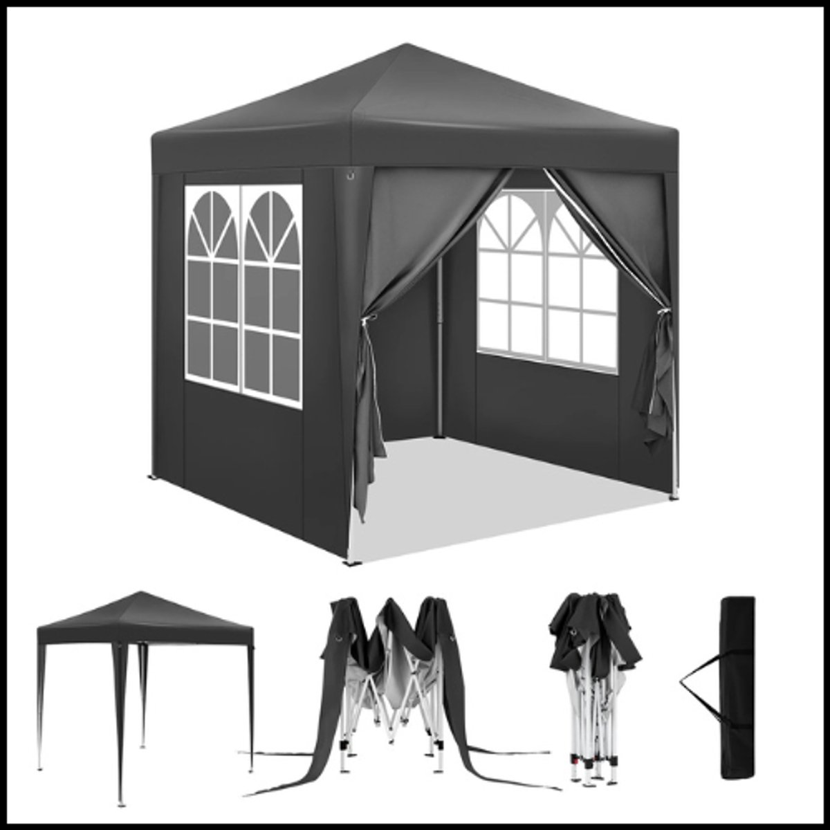 Opvouwbaar tuinpaviljoen 2x2m – Partytent met 4 zijpanelen – Waterdicht – UV-bescherming 50+ – Verstelbare hoogte – Stabiel metalen frame – Eenvoudige opbouw – Antraciet