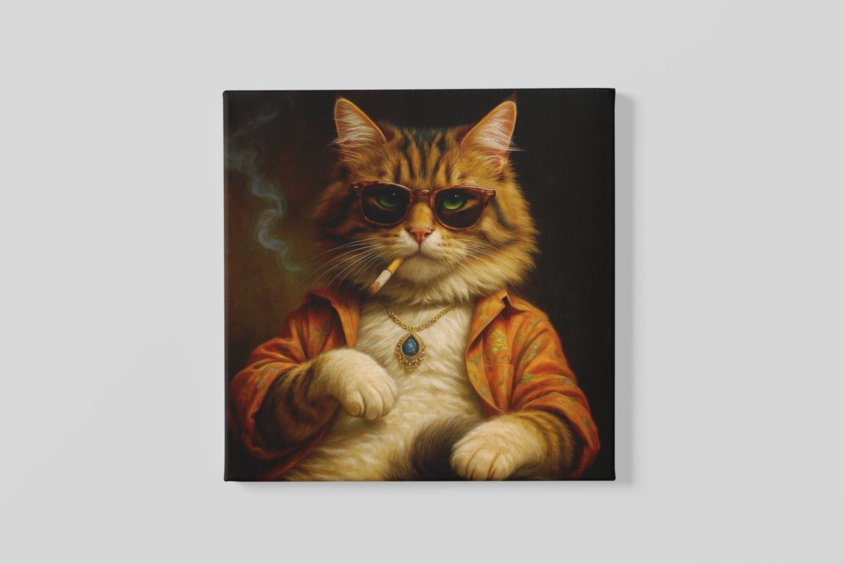 Trendex Global Vierkant Canvas Schilderij Dieren - Vintage kat - 100x100 cm Bruin