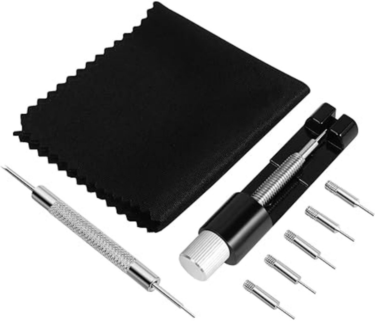 Daity Een horlogereparatieset bevat gereedschap voor het verwijderen van de achterkant van de kast - waaronder een schroevendraaier - een gereedschap voor het verwijderen van schakels en extra vervangende pennen.