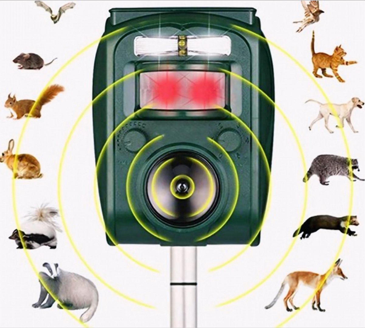 Solar Ultrasone Dieren Verjager - Nieuwe Zonne Energie Repellent Sensor - Outdoor Tuin Pest Muis Vogel Kat Hond Vleermuis Das Vos Repeller -Houd Dieren Weg - 110 Graden Hoek 4-6m Verte