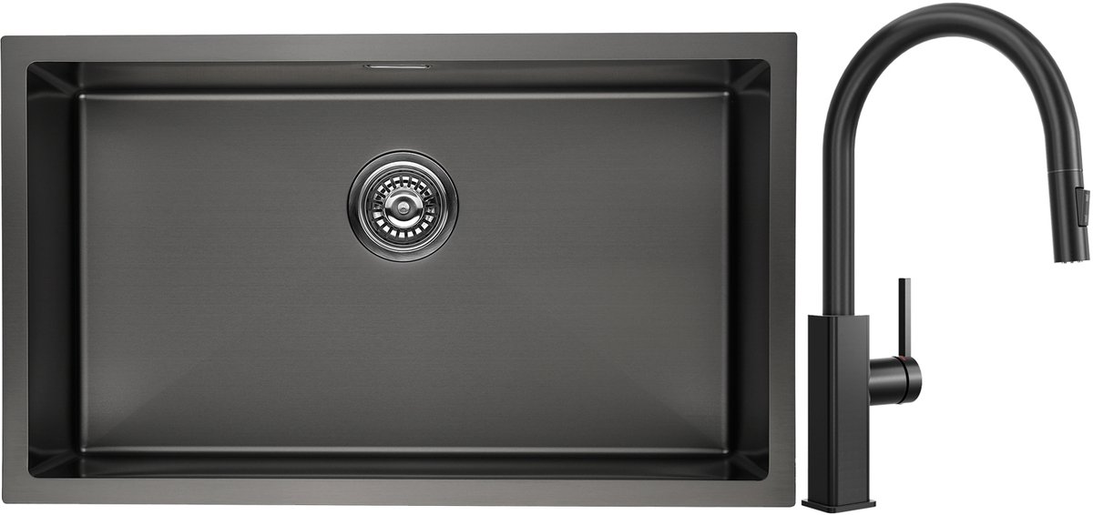 Lonheo max Spoelbak Antraciet 74x44cm - Met keukenkraan met uittrekbare uitloop - Spoelbak Keuken RVS - Onderbouw Spoelbak - Met Afvoersysteem