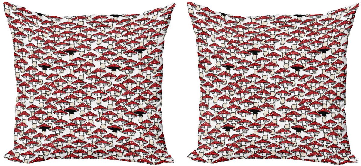 ABAKUHAUS Paddenstoel Kussenhoes 40x40 cm – Dubbelzijdig Digitaalprint – Zwart/Wit/Rood