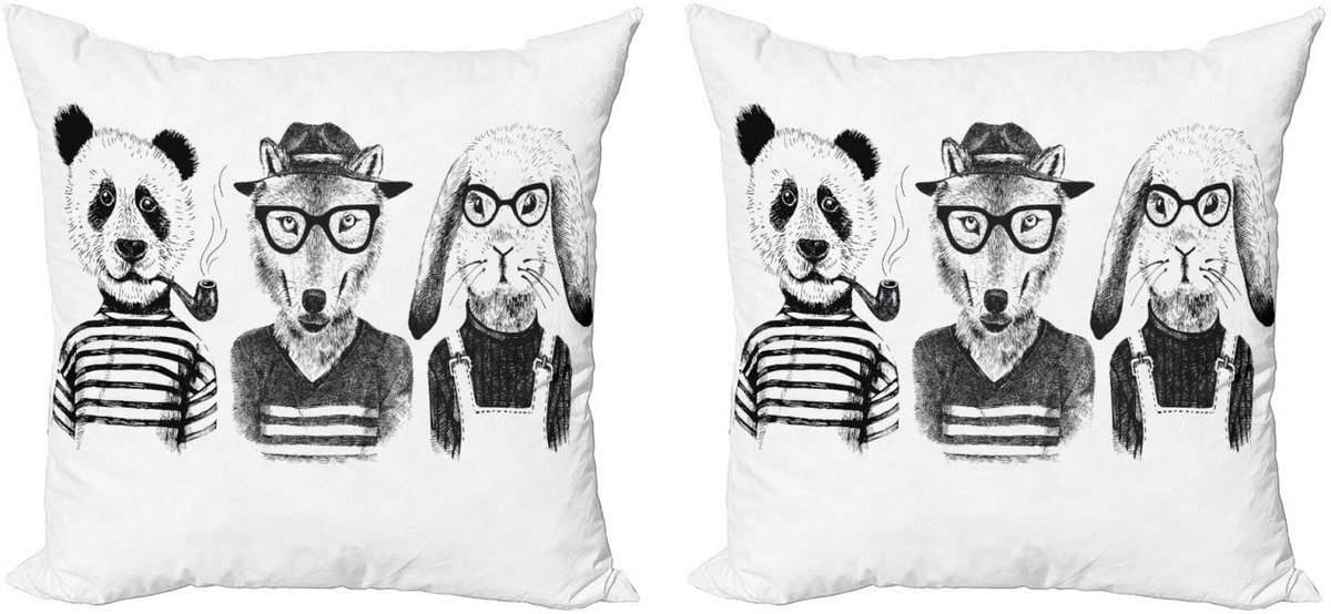 ABAKUHAUS Dier Kussenhoes Set (2-delige) – Hipster Panda/Sigaar Fox – Dubbelzijdig Digitaalprint – 40x40 cm – Zwart/Wit/Grijstinten