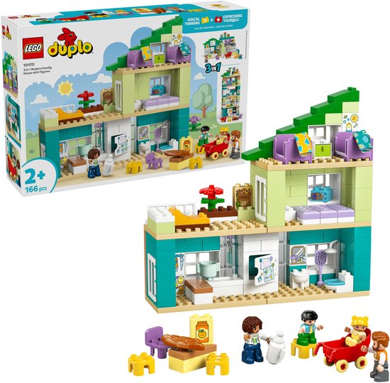 LEGO Duplo 10470 Maison familiale moderne 3-en-1 avec figurines, boîte et jouet assemblé.