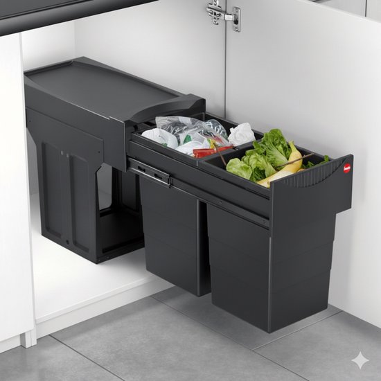 Hailo Tandem - Inbouw Prullenbak - 30 Liter Inhoud - Met 2 Compartimenten - NIEUW ZWART