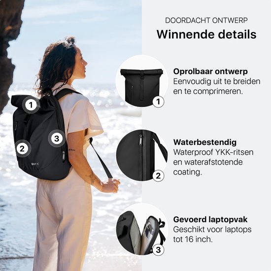 ONYX Sac à Dos Rolltop 25 à 40 L - Avec Compartiment pour Ordinateur Portable - Sac à Dos Réglable - Sac de Voyage - Résistant à l'Eau et Durable - Noir